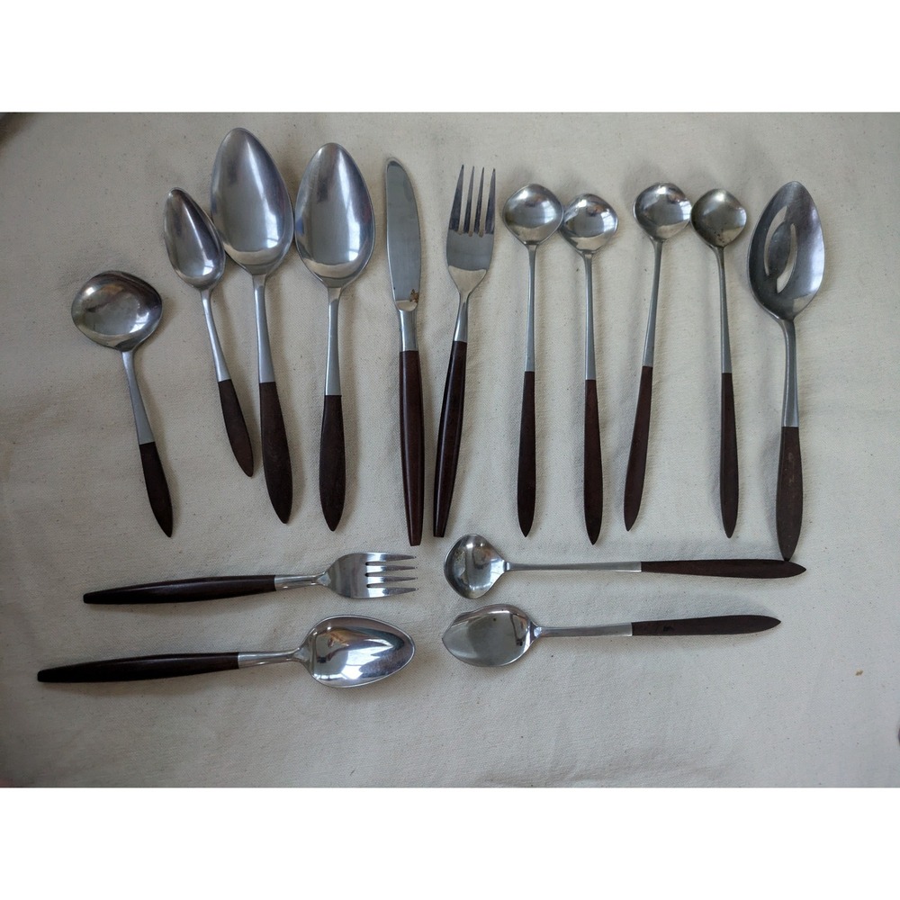 Lot of 15 Epic Forged Stainless Japan Flatware MCM Wood Handle Mixed